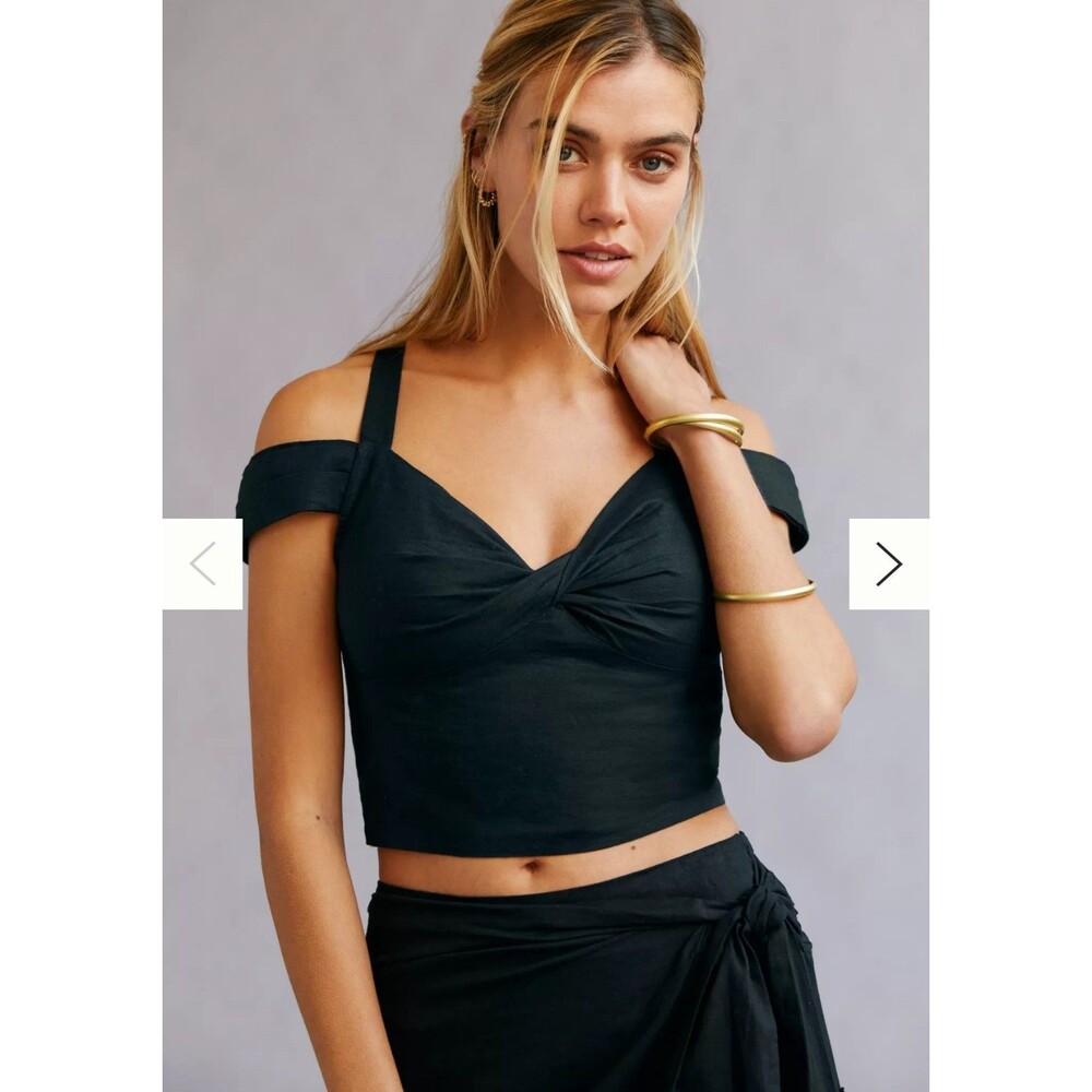 Anthropologie Maeve  Size-XS Black‎ Linen Off The Shoulder Twist Crop Top